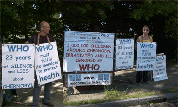 Rachel Mauguet y Jean-Yves Peillard delante de la OMS del 7 al 10 julio 2009